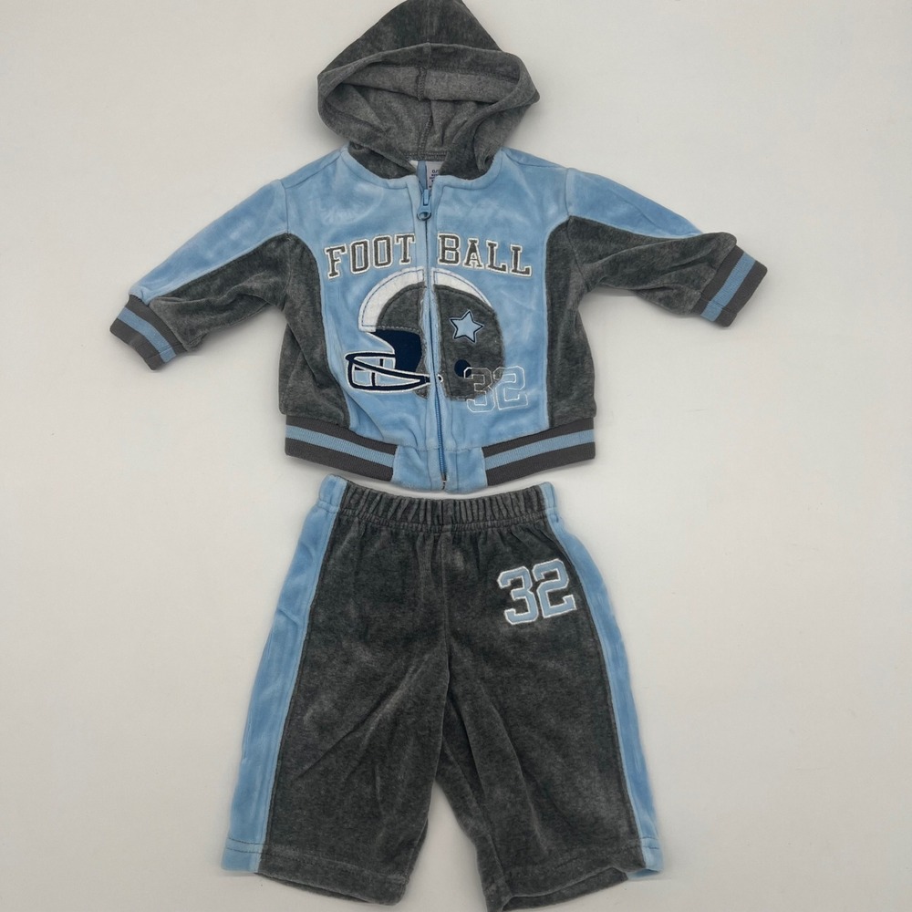 Miniwear Baby Boys Football 2-Piece‎ Velour Outfit Hoodie & Pants 0-3M Gray Blue